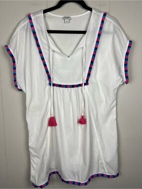 J. Crew White V-Neck Tunic with Pink and Blue Trim